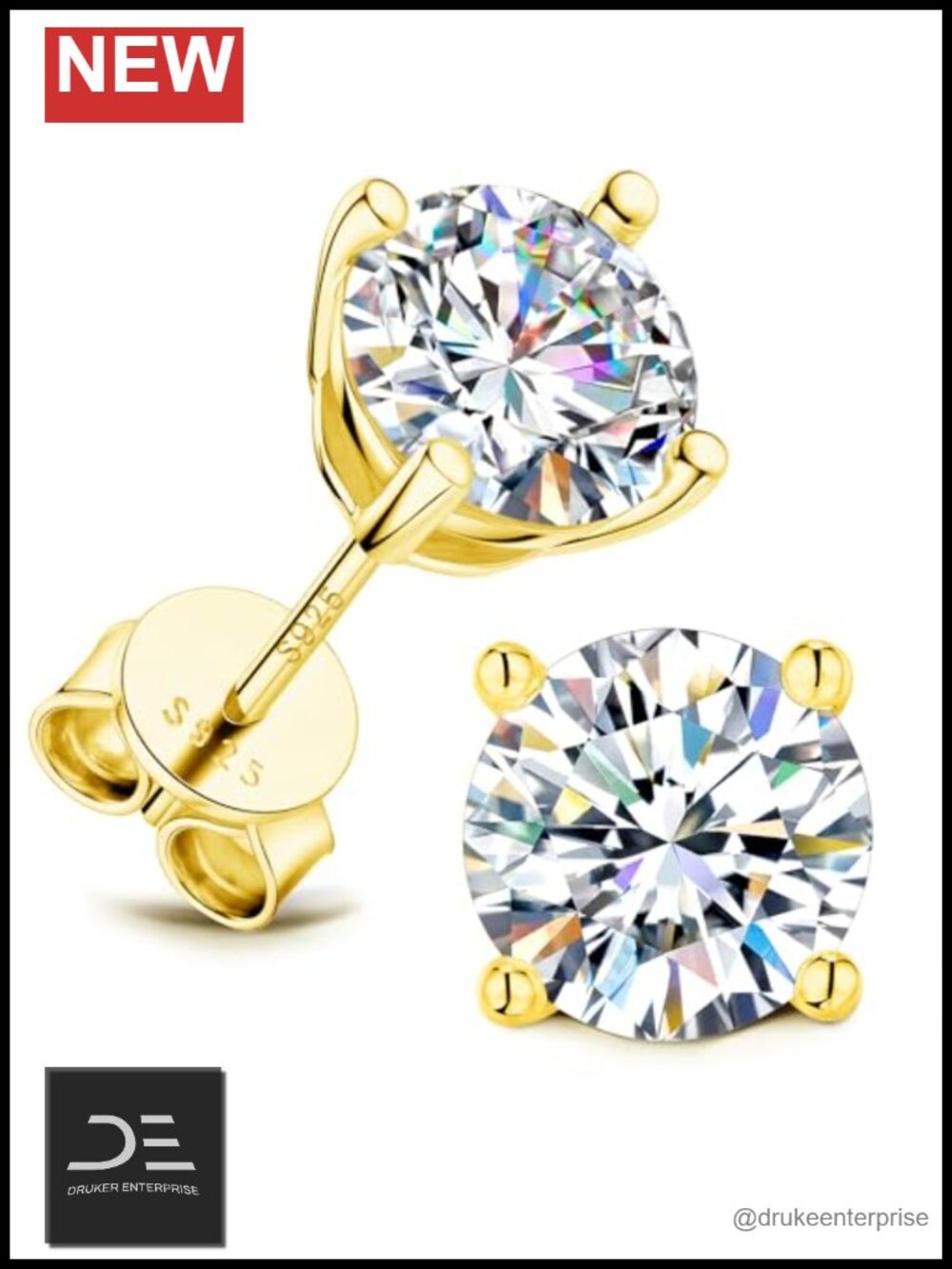Genuine Moissanite Stud Earrings 925 Sterling Silver 14K Gold Plated 3ct Each